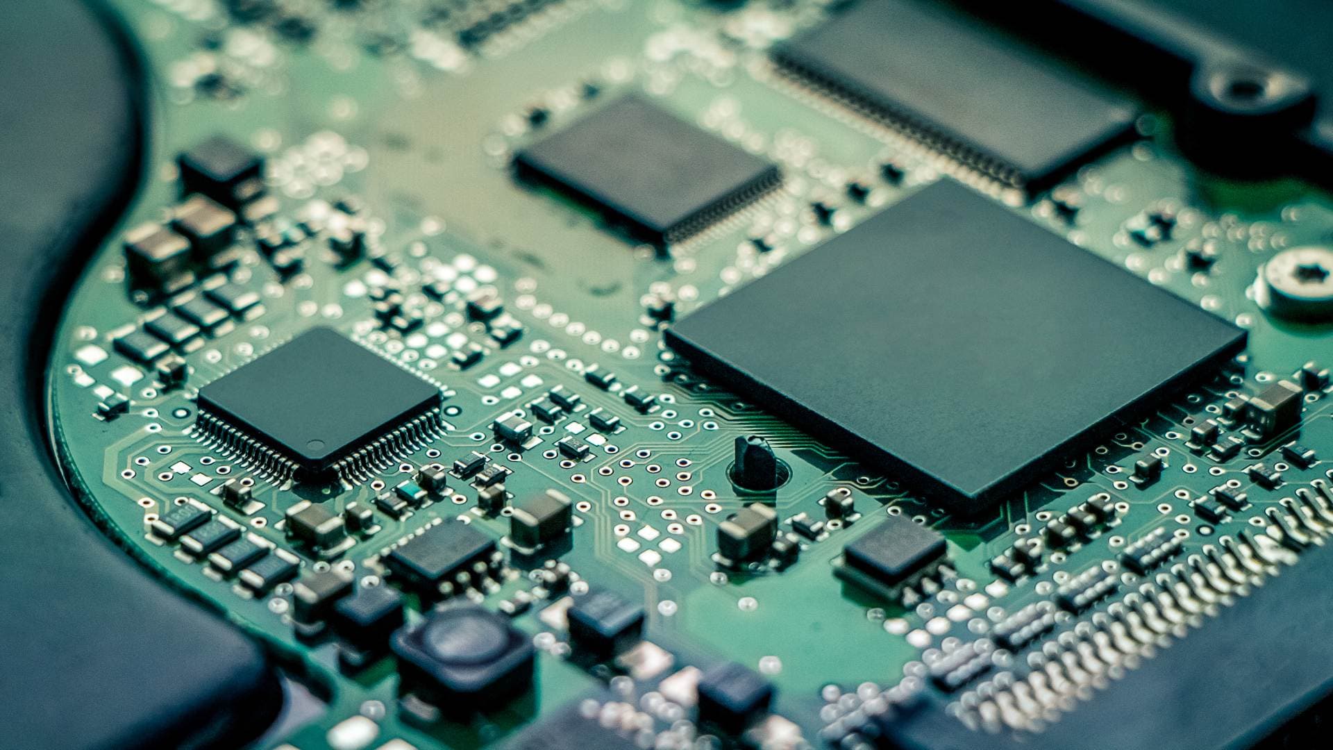 Close-up of a printed circuit board with semiconductor components