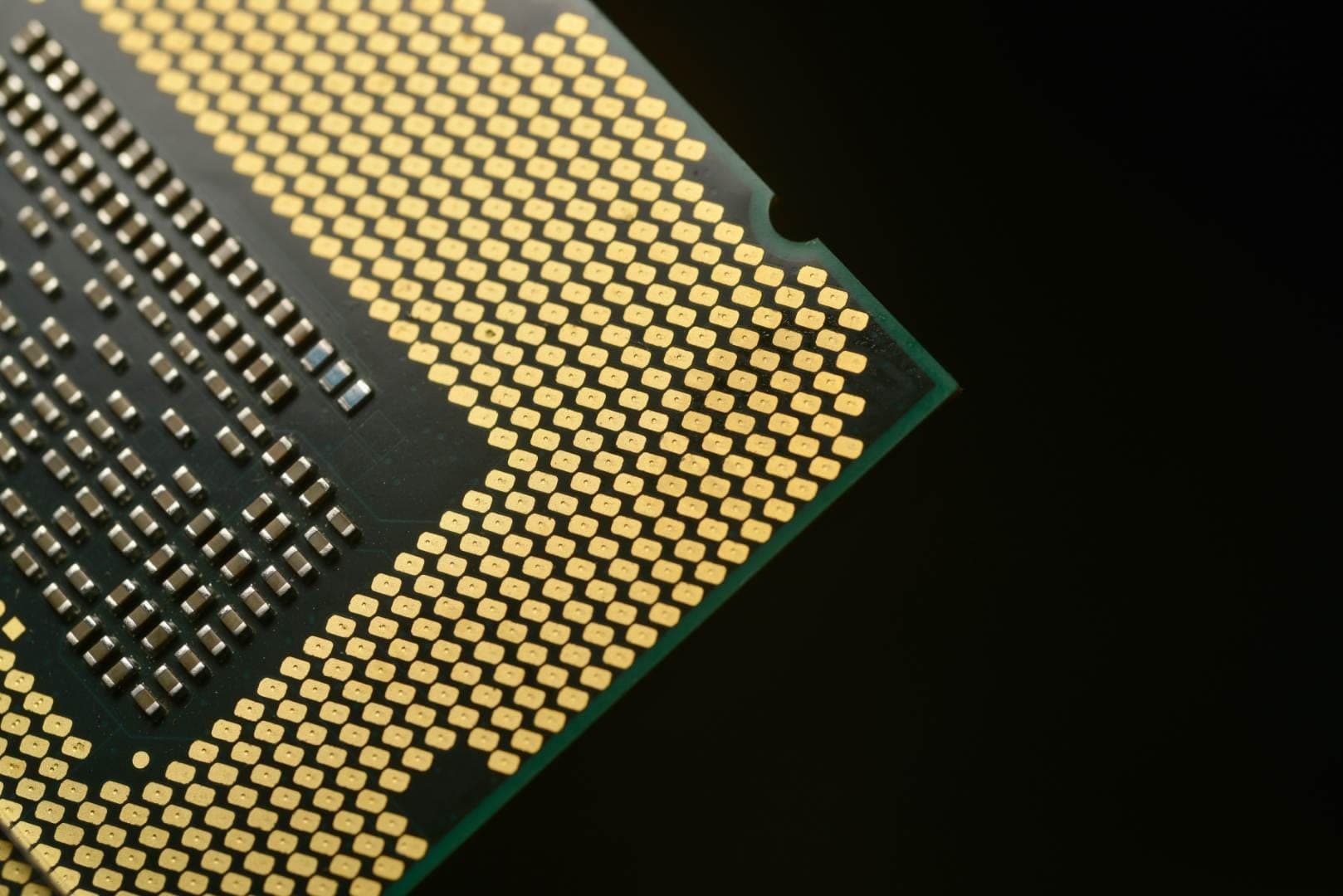 Close-up of CPU processor with gold contact pins